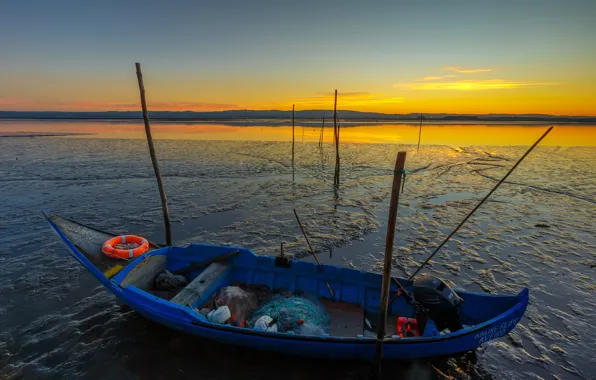 The sky, sunset, river, shore, network, boat, lifeline