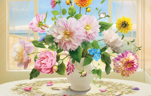 Flowers, rendering, table, bouquet, window, vase, dahlias