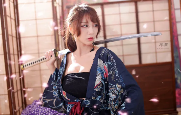 Pose, weapons, sword, katana, makeup, hairstyle, brown hair, kimono