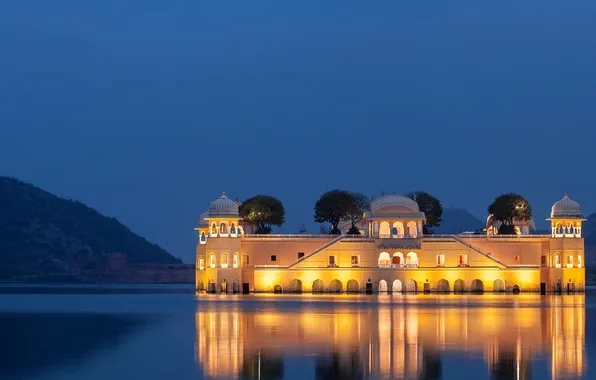 Mountains, lights, lake, India, Palace, Jaipur, Man Sagar Lake, Jal Mahal Palace