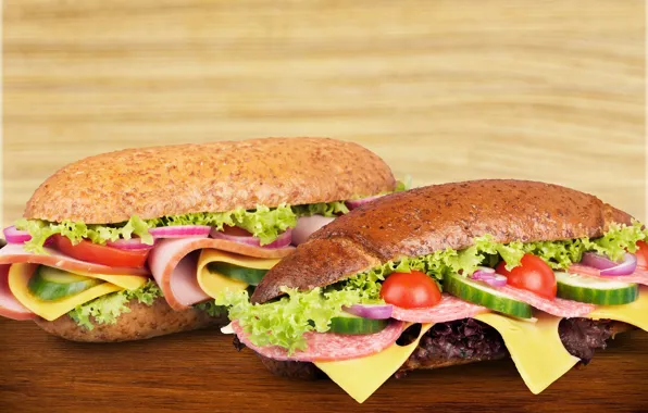 Cheese, bread, vegetables, tomatoes, sausage, sandwiches, ham