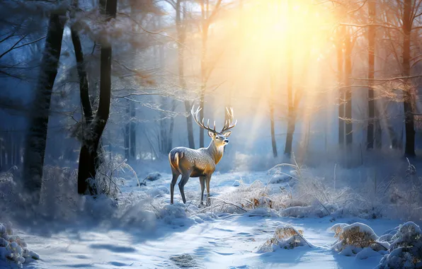 Winter, forest, the sun, rays, snow, trees, deer, Christmas