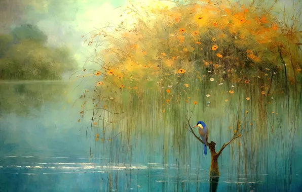 Tree, bird, foliage, painting, pond, strokes, imitation painting, AI art