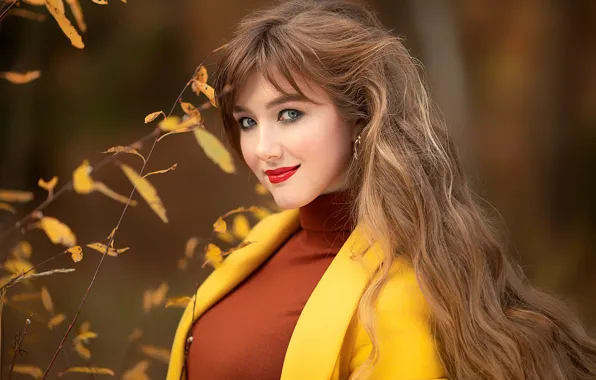 Picture autumn, look, leaves, girl, branches, smile, makeup, brown hair