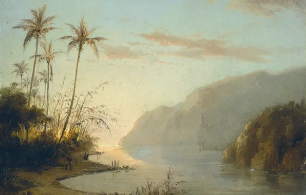 Picture landscape, mountains, palm trees, picture, Camille Pissarro, The mouth of the River in St Thomas