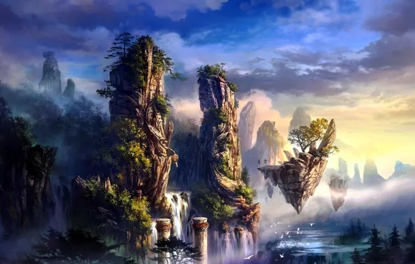 The sky, Islands, clouds, trees, landscape, nature, rocks, magic