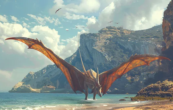 Sea, Rocks, Flight, Wings, Dinosaur, Coast, Animal, Digital art