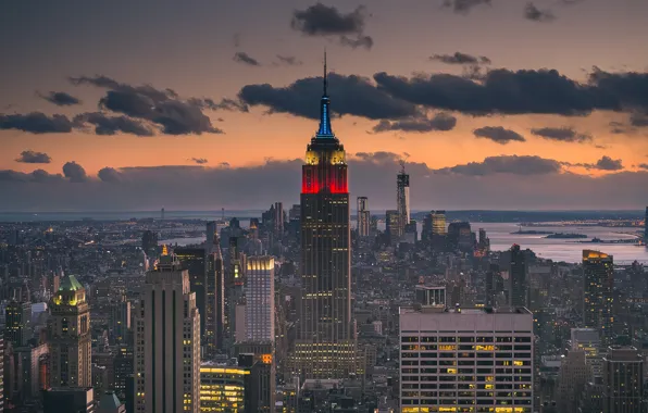 Sunset, island, New York, USA, Manhattan, The Empire state building, 21st highest in the world, …