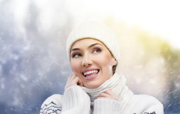 Picture girl, snow, joy, laughter, cap, sweater, brown-eyed