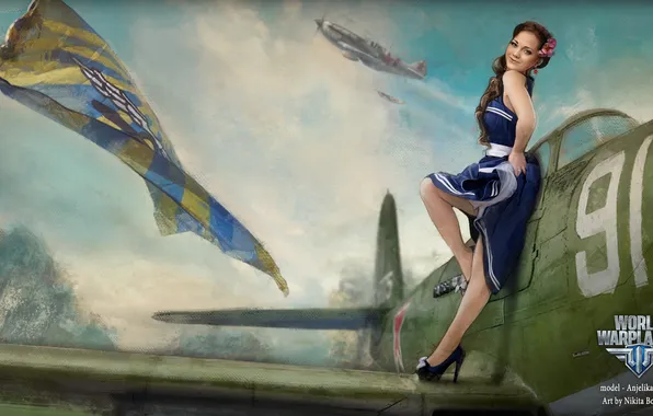 Picture girl, the plane, flag, girl, aviation, air, MMO, Wargaming.net