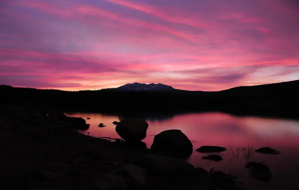 Picture water, sunset, lake, reflection, stones, pink, rasvet