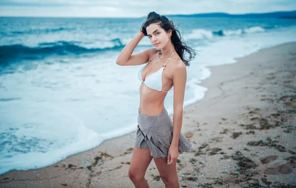 Sea, beach, look, girl, pose, skirt, hands, figure