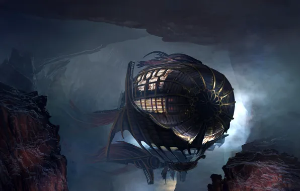 Fiction, art, the airship, cave, dungeon