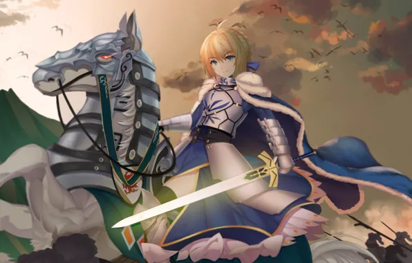 Sunset, horse, horse, anime, art, the saber, Fate / Grand Order
