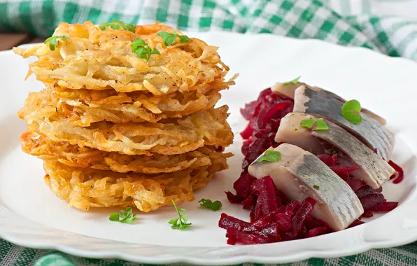 Pancakes, potato, fragrant, herring, beetroot