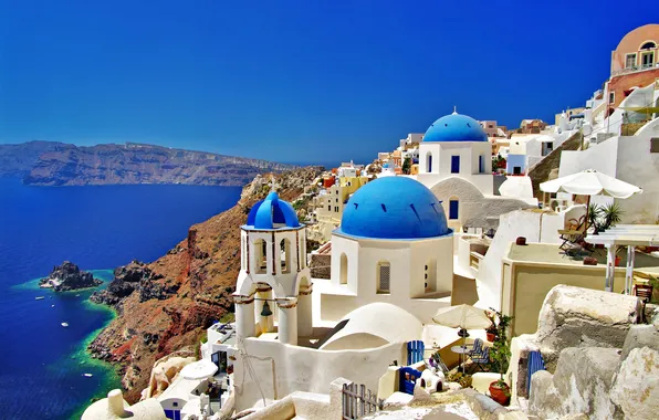 Sea, the sky, the sun, landscape, rocks, coast, home, Santorini