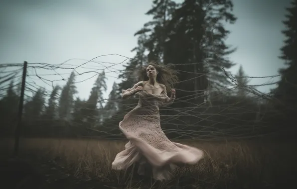 Field, forest, girl, nature, pose, overcast, network, the fence