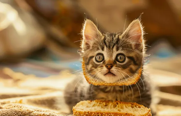 Cat, look, pose, kitty, grey, baby, bread, collar