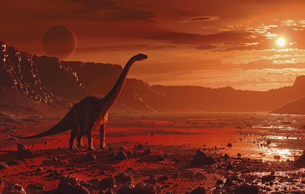 The sun, Stones, Dawn, Dinosaur, Animal, Digital art, Ancient animals, Extinct animals