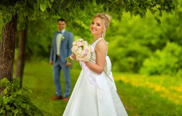 Love, nature, smile, bouquet, the bride, bokeh, the groom