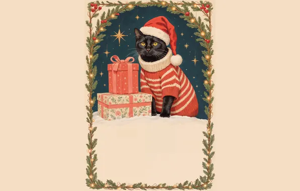 Cat, cat, look, stars, black, frame, Christmas, gifts