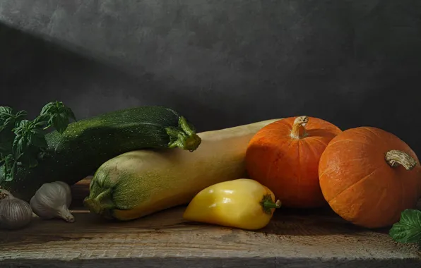 Greens, Board, pumpkin, pepper, vegetables, garlic, zucchini, melons