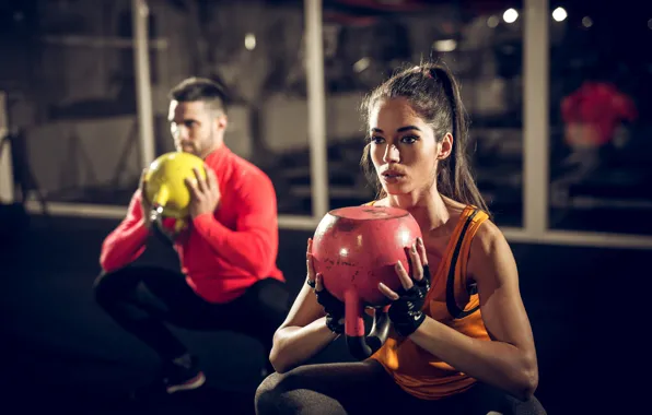 Pose, figure, fitness, two, weight, training, workout, workout