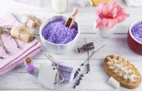 Flower, towel, soap, lavender, brush, salt