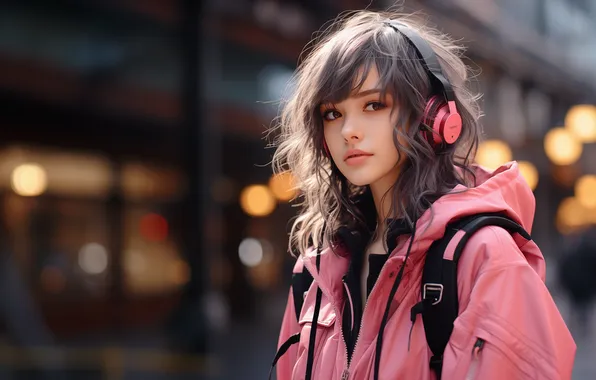 Picture women, jacket, looking sideways, looking at viewer, digital art, AI art, blurred, long hair