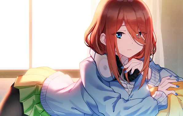 Girl, red hair, long hair, anime, headphones, blue eyes, beautiful, pretty