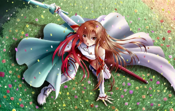 Grass, girl, flowers, sword, art, ilolamai, Sword Art Online, Asuna