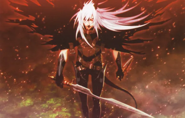 Flame, sword, the demon, sparks, tail, horns, cloak, white hair