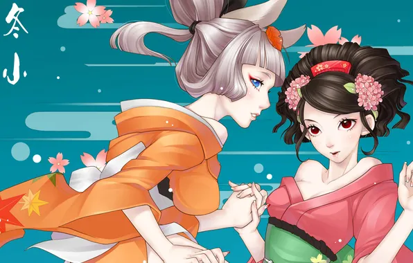 Flowers, background, girls, art, characters, kimono, game, momohime