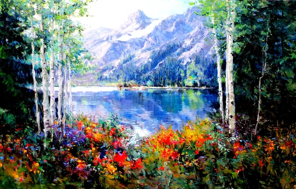 Picture trees, landscape, flowers, mountains, lake, spring, Katrina