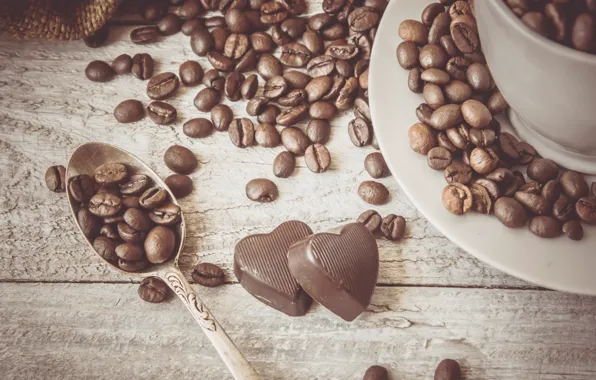 Picture coffee, grain, heart, chocolate, coffee beans