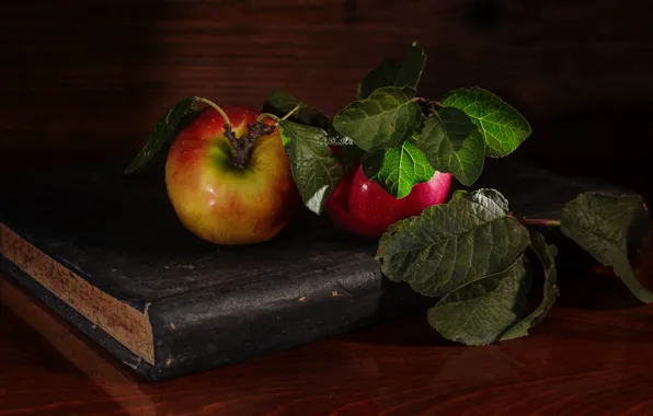 Picture leaves, the dark background, table, apples, food, cover, book, fruit