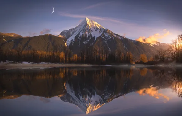 Light, mountains, lake, reflection, the moon, mountain, cloud