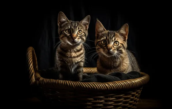 Look, light, cats, pose, kitty, kittens, black background, a couple