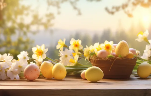 Flowers, holiday, eggs, spring, Easter, basket, painted, eggs