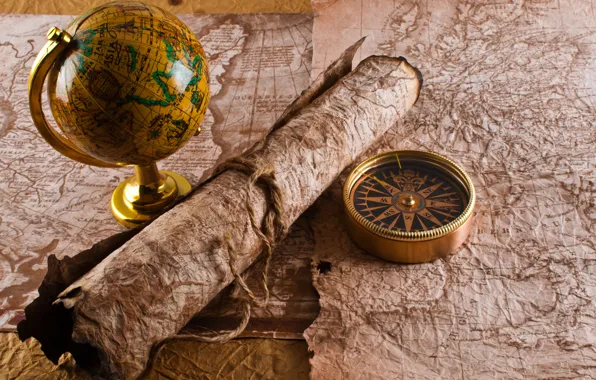 Picture map, rope, compass, globe, the manuscript