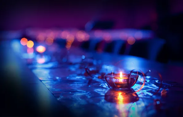 Picture macro, lights, candle, blue, bokeh