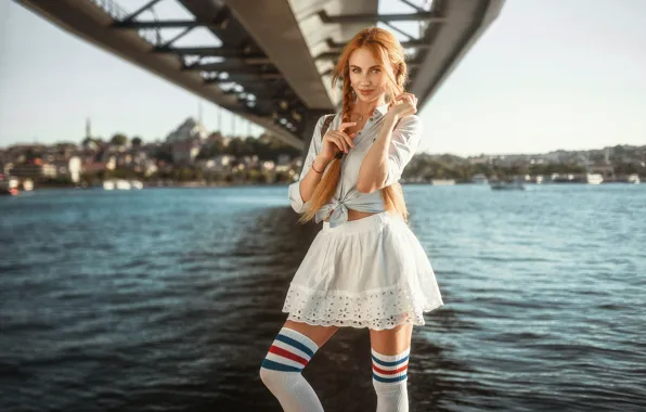 Picture girl, Model, legs, bridge, photo, stockings, blue eyes, redhead