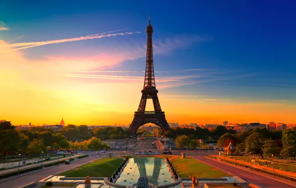 Picture sunset, the city, France, Paris, Eiffel tower, colorful, beautiful france, Paris sunset