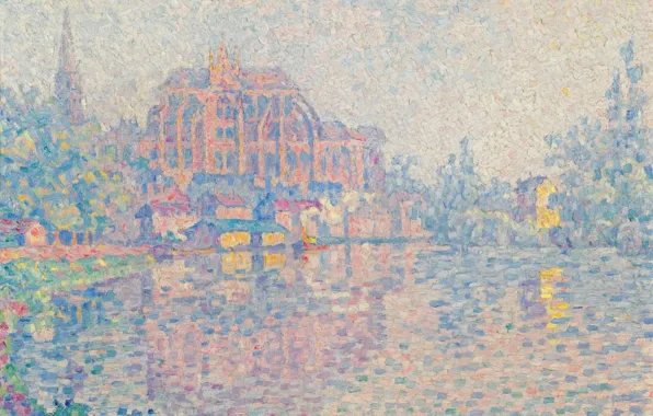 Picture, Paul Signac, pointillism, Auxerre. River landscape