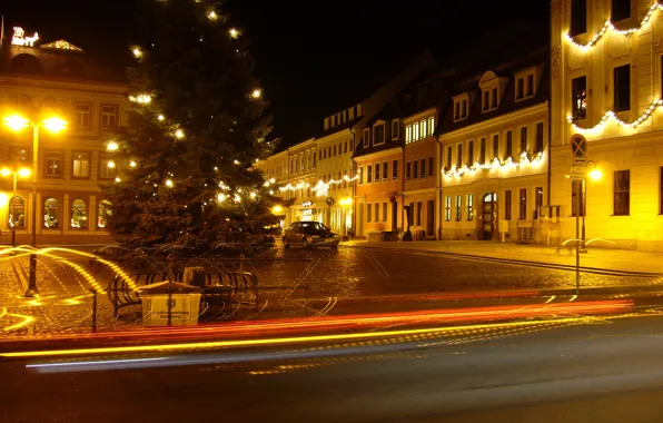 Picture road, night, lights, Germany, Radeberg