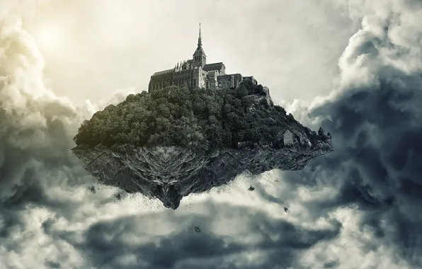 Picture clouds, castle, island, height, art, in the sky, flying