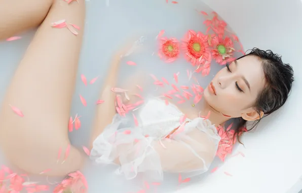 Picture white, water, girl, flowers, face, pose, eyelashes, background