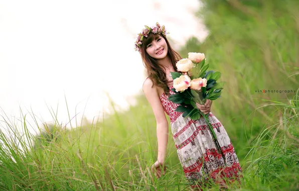 Girl, flowers, Asian