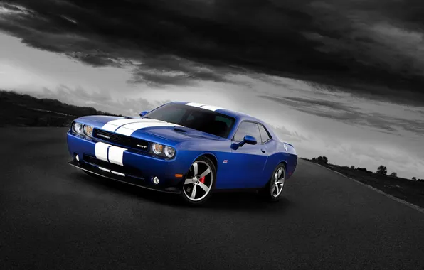 Picture Auto, Blue, Strip, Machine, Clouds, Dodge, Dodge, Challenger