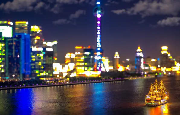 Clouds, night, reflection, boat, lights, China, Shanghai, mirror